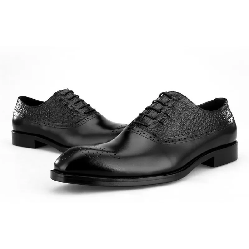 Office Italy Business Man Cow Real Leather Formal Shoes Brogue Lace Up Square Toe Oxfords Male Groom Weddding Dress Shoes Brown