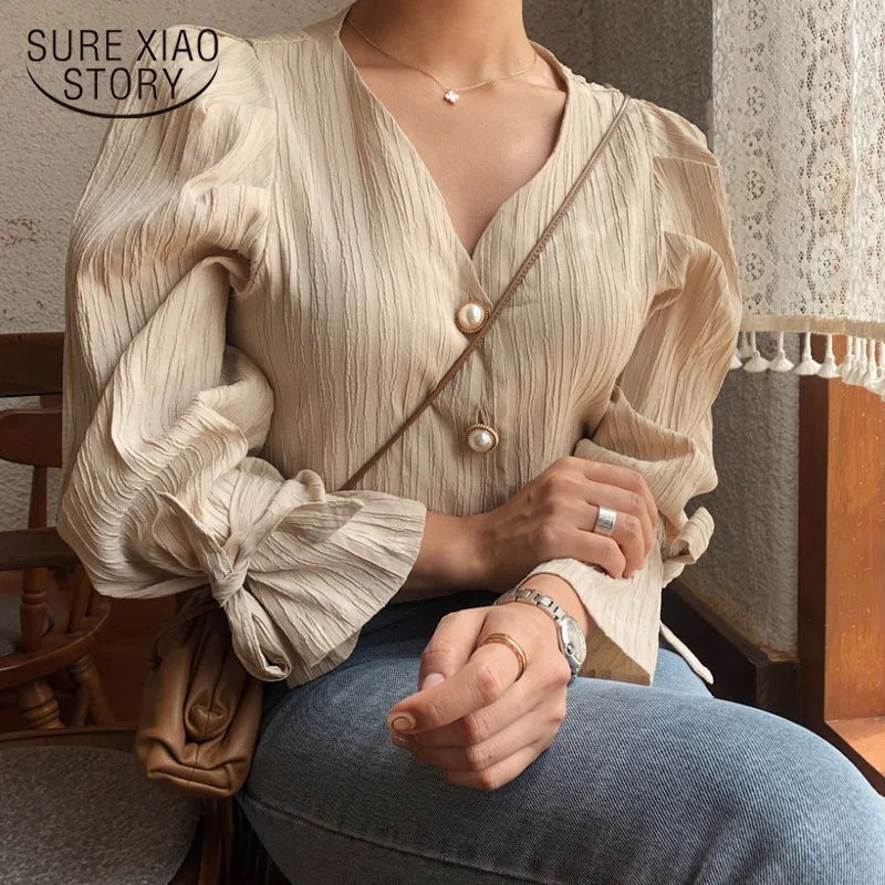 

Korean Retro Elegance Casual Sweet Solid Pearls Chic Blouse High Quality Loose Vintage All Match Women Shirts Blusas 9970