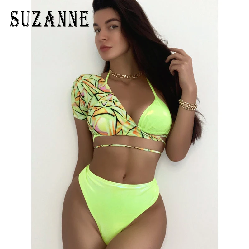 

Female Swimsuit 2021 Female Fluorescent Green Sexy Three - Piece Swimsuit Sexy Micro Triangle PU Leather Swimsuit Women Solid