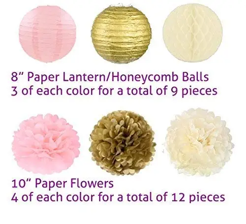 21 шт./набор Золотой розовый слоновая кость бумажная помпон и фонарик для декорации вечеринки "Детский душ" для девочек.