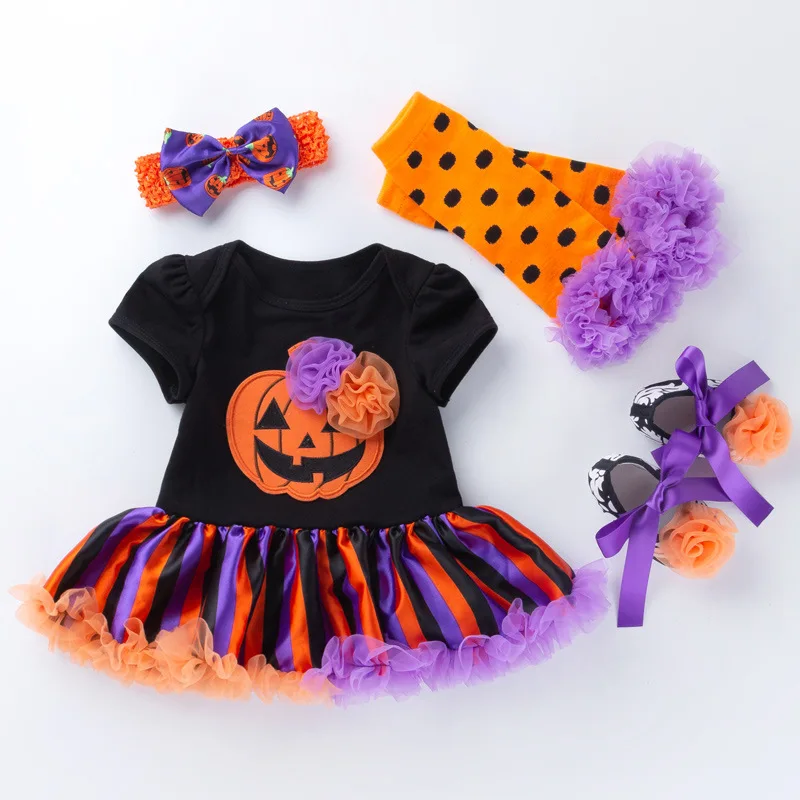 

Newborn Toddler Baby Clothes Set of 4 My First Halloween Baby Girl Romper Pumpkin Lace Dress Party Carnival Halloween Costume