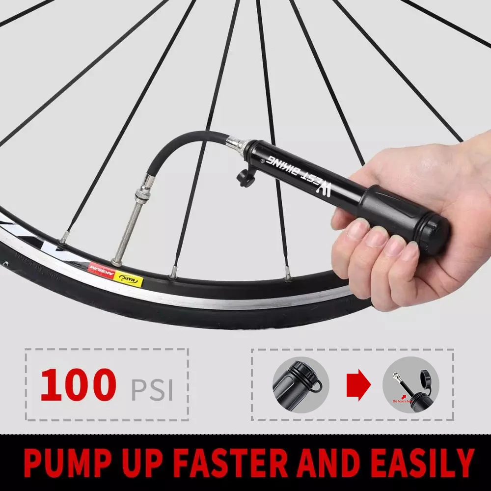 WEST BIKING 100Psi Mini Bike Pump Aluminum Alloy Bicycle Hand Air Pump Tire Inflator Schrader Presta Valve MTB Road Cycling Pump