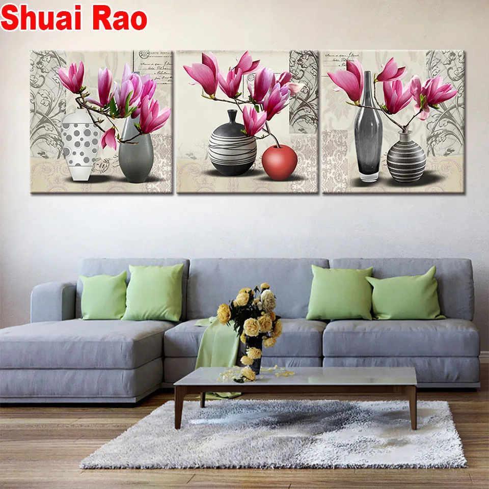 

still life Magnolia vase 3 piece set diamond painting full square drill cross stitch mosaic embroidery 3d picture orchid flowers
