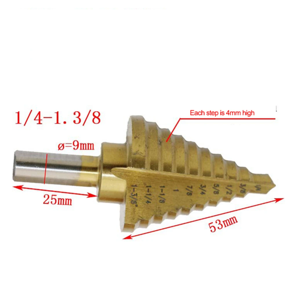 

HSS Titanium Pagoda Drill Ladder Drill Round Shank Step Drill Bit 1/4-1-3/8