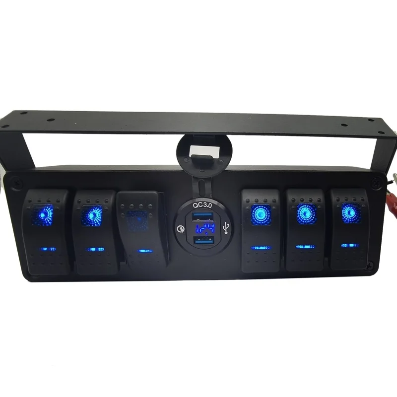 6 Gang Rocker Toggle Switch Panel ​W/Quick Charge 3.0 USB Charger & Voltmeter Marine Boat Truck Car 12V-24V Blue Led