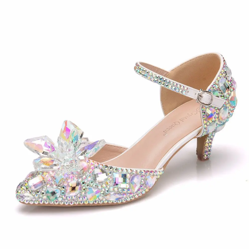 

5cm color diamond thin heel pointed sandals low heel large sandals women's crystal wedding shoes