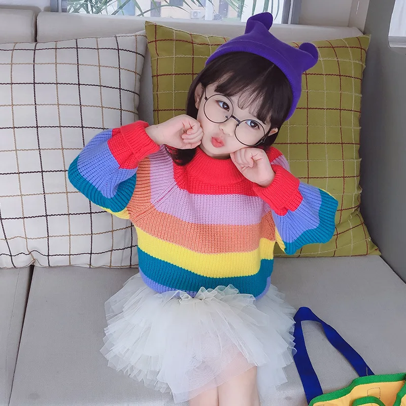 Радужный свитер для девочек Новинка 2019 года сезон осень зима Roupa теплые