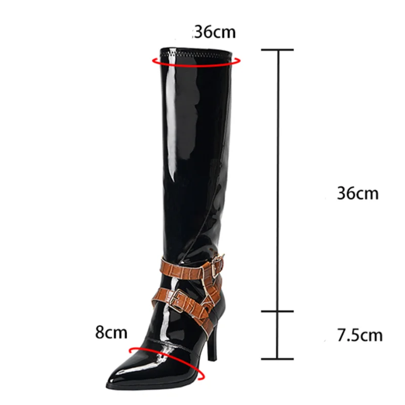 

MStacchi Fashion Boots Women Microfiber Pointed Toe Zipper-Side Belt Buckle Colour Mixture High Heel Shoes Black The Knee Boots