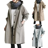 dropshippingwomen autumn solid color pocket hooded windbreaker long trench coat outerwear
