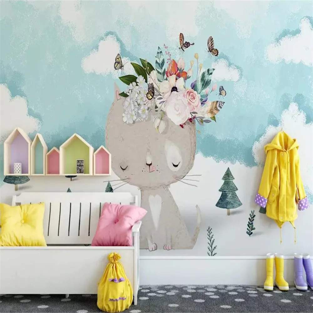 Custom large 3d photo wallpaper Nordic modern cartoon kitten flower children's room background wall decoration cloth | Обустройство