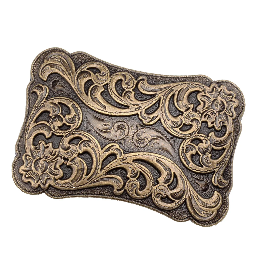 Western Belt Buckle Arabesque Pattern Antique Metal Men Casual Bronze |