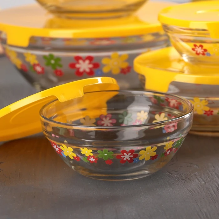 Набор салатников с крышками &quotЦветочки&quot 5 шт: 130/200/350/500/900 мл цвет желтый|Чаши| |