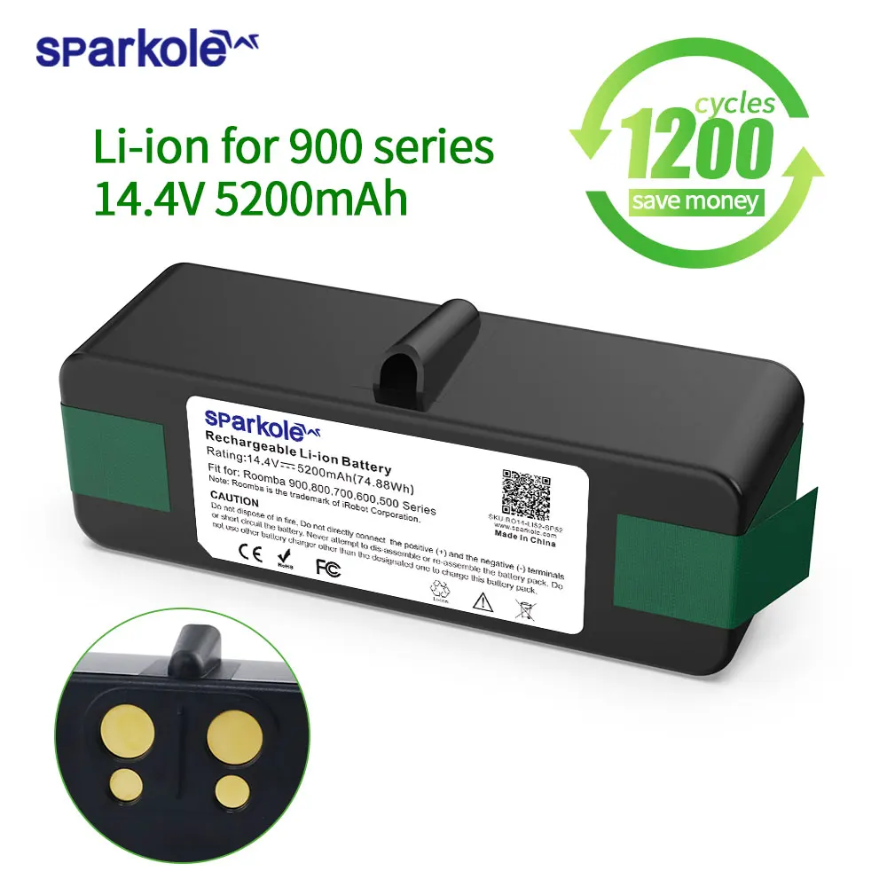 SPARKOLE 14.4V 5200mAh Lithium Ion Battery Compatible with iRobot Roomba 980 960 690 600 700 800 900 Series 985 970 965 895 890