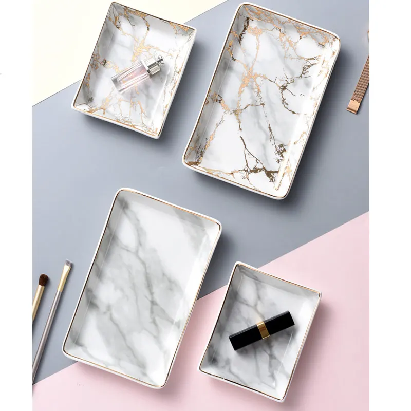 Nordic Home Accessories Ins Popular Gold Inlay Decorate Plate Marble Stripe Ceramic Jewelry Tray Storage Dessert | Дом и сад
