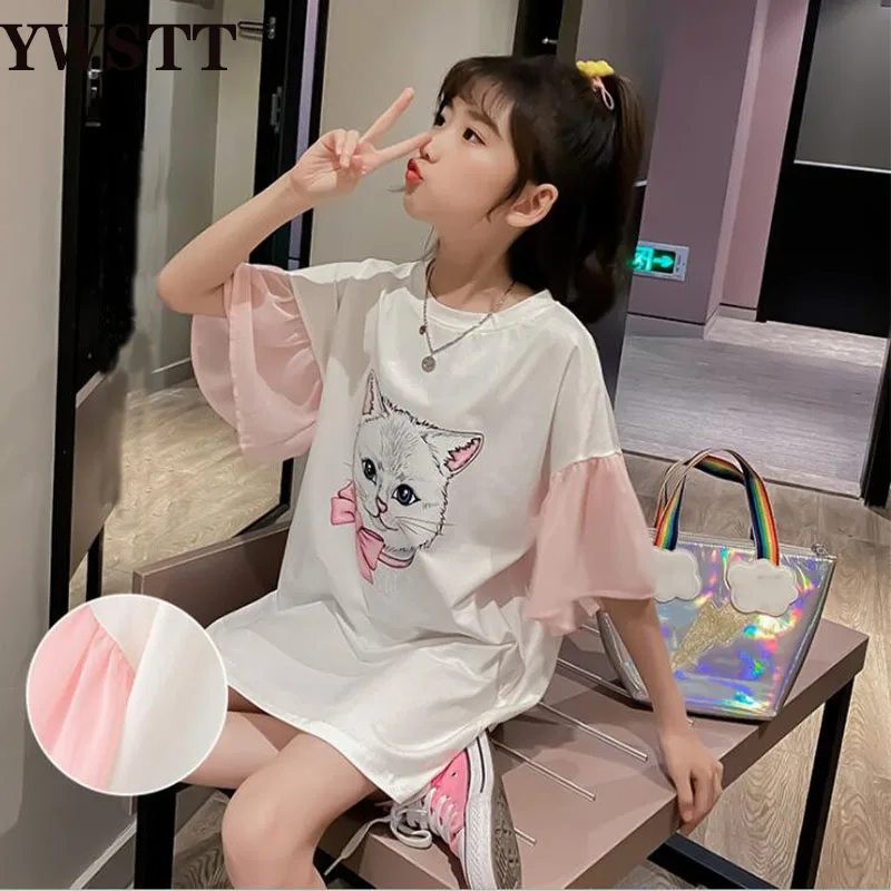 

Girls Cat Mid-length T Dress Short-sleeved Top 2021 New Spring Teenager Girls Summer Casual Peplum Ruffle Flare Dress