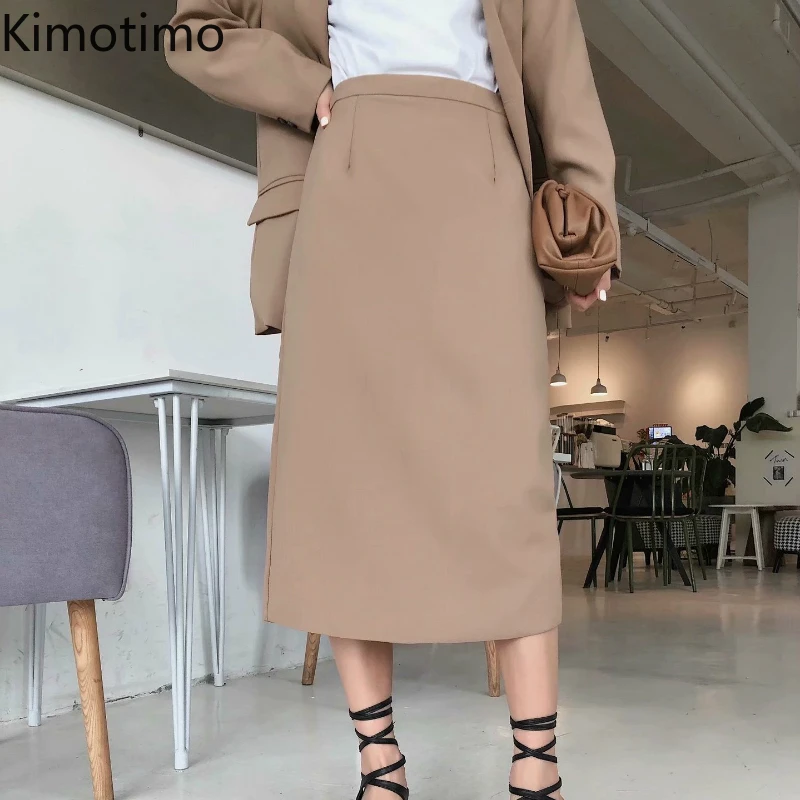 Kimotimo длинная юбка с высокой талией для женщин прямая однотонная Офисная Женская