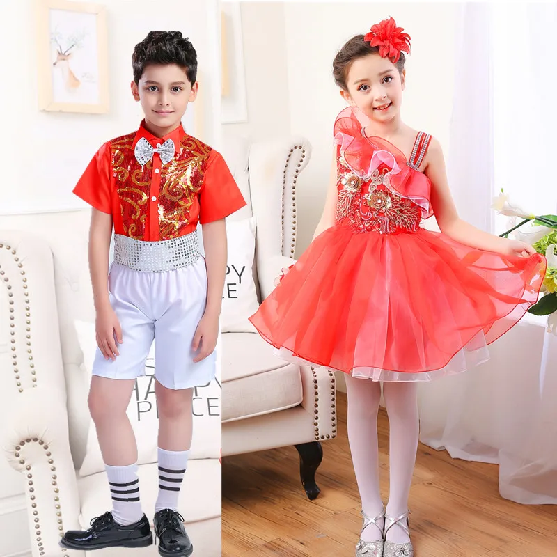 Boy girl jazz dance Latin costume children princess fluffy skirt student catwalk show dress |