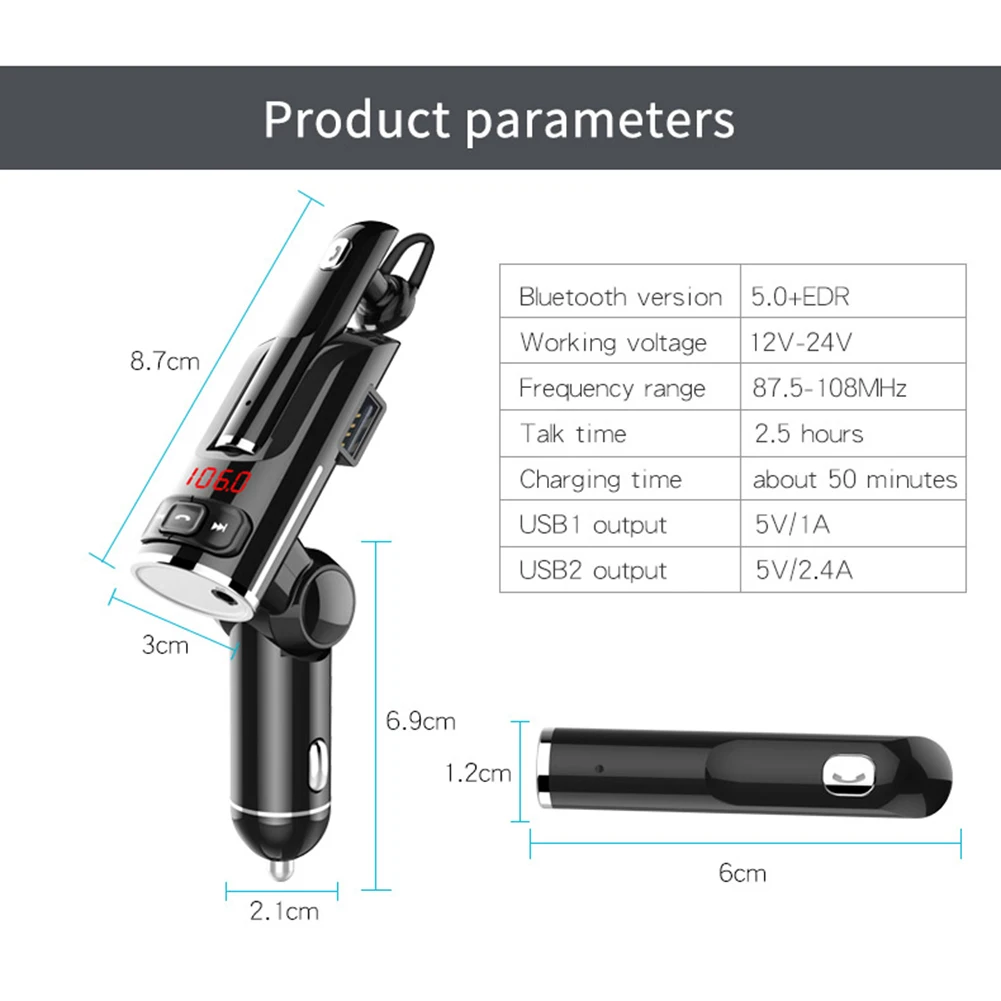 

FM Transmitter Bluetooth 5.0 Handsfree USB Fast Charger with Earphone BC50 Car In-ear Fashion Sports Lightweight Case