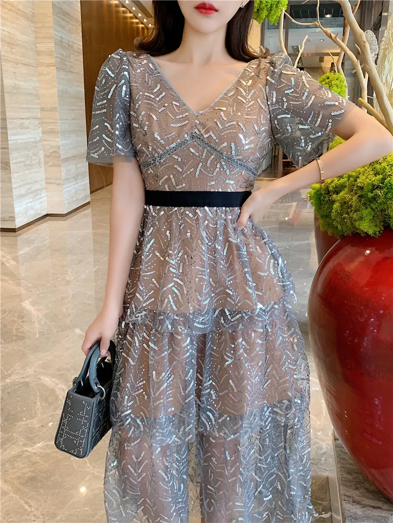 

Fashion Women Summer Sequined Midi Dresses Sexy Backless Mesh V-neck Vestidos Elegant Ladies Evening Long Party Dress Robe Femme