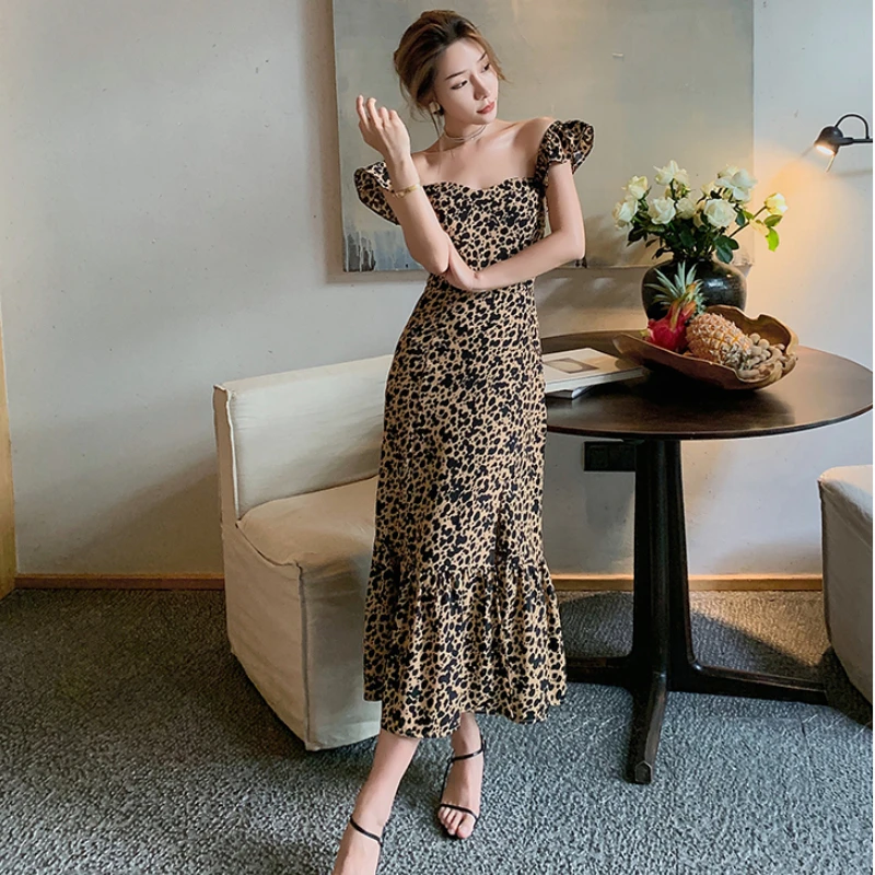 

Women's Leopard Print Strap Dress 2021 Summer Sexy Vestidos Split Vintage Mixi Dress Female French Style