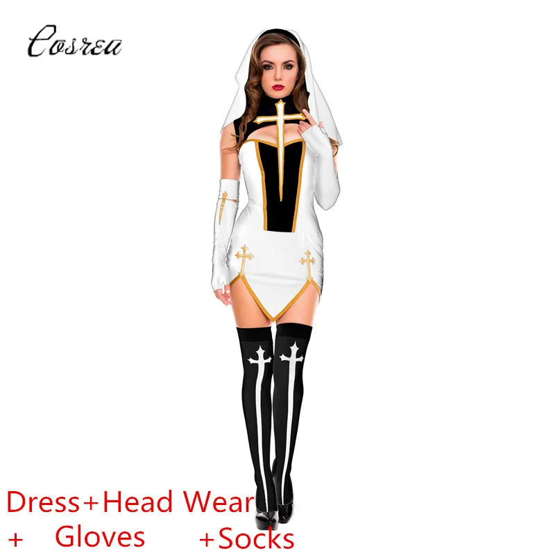 

Easter Sexy Nun Costume Adult Women Halloween Cosplay Nun Fancy Dress Costume Girl Sister Party with Stockings Hoodie