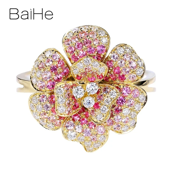 BAIHE Solid 14 к розовое золото 0.55ct натуральный розовый сапфир 0.25ct бриллиантами Для женщин свадебные модные ювелирные украшения цветы кулон кольцо
