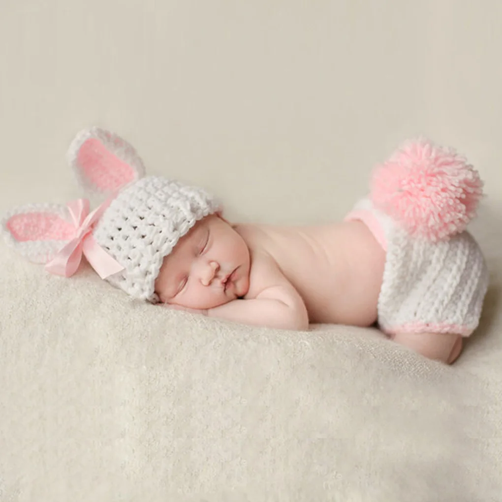 Newborns Props Photography Crochet Baby Hat Rabbit Handmade Bonnet Infant Newborn Studio Photo Session Prop | Детская одежда и