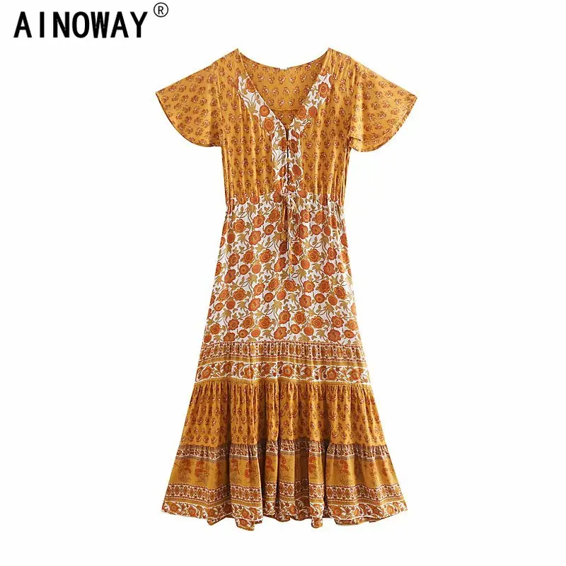 Женское винтажное платье с цветочным принтом желтое пляжное богемное Макси