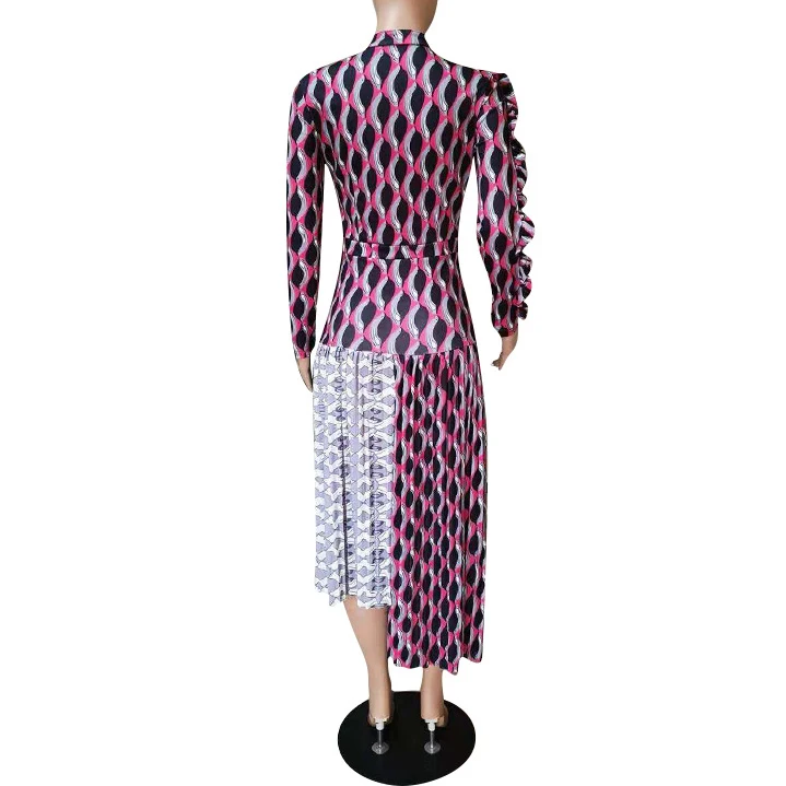 

Women Asymmetric Pleated Print Shirt Dress Long Sleeve O Neck Single Breasted Office Lady Dress
