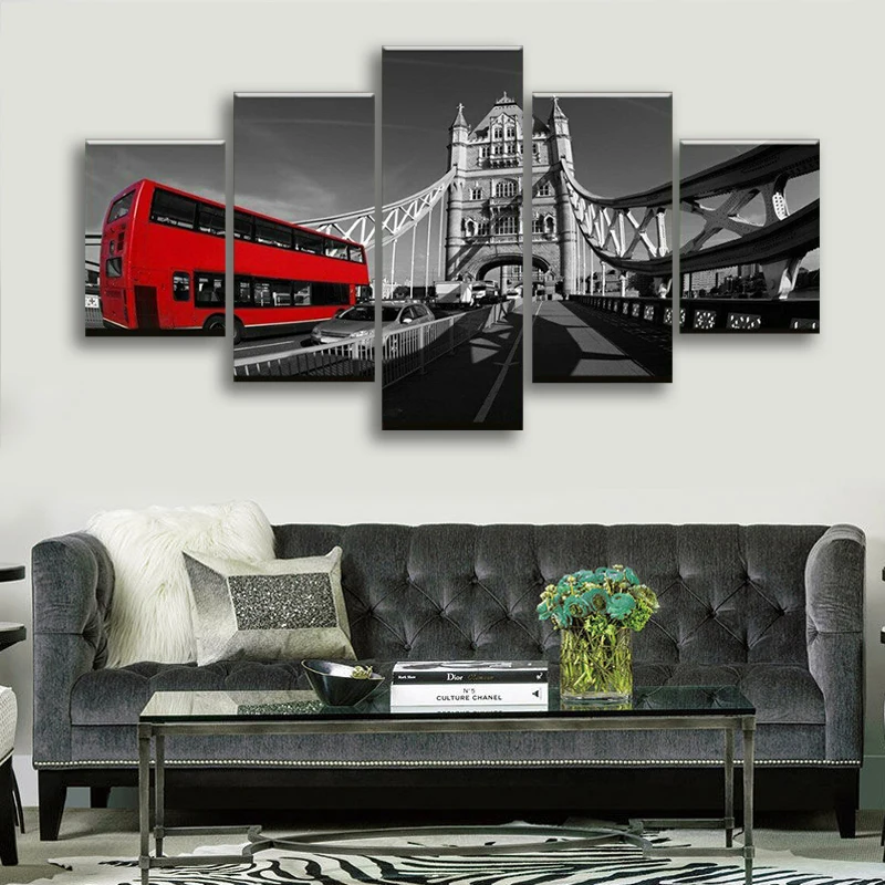 5 панельных холщовых картин Red Bus In London Bridge настенная живопись декор для гостиной |