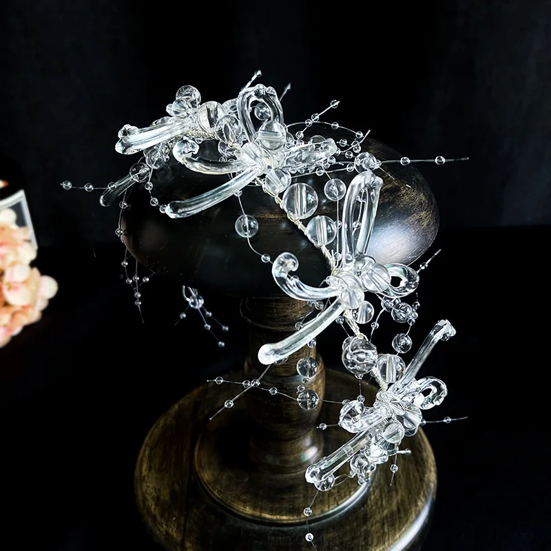 

transparent crystal bow Beaded Hair Band crown bride tiara wedding hair accessories