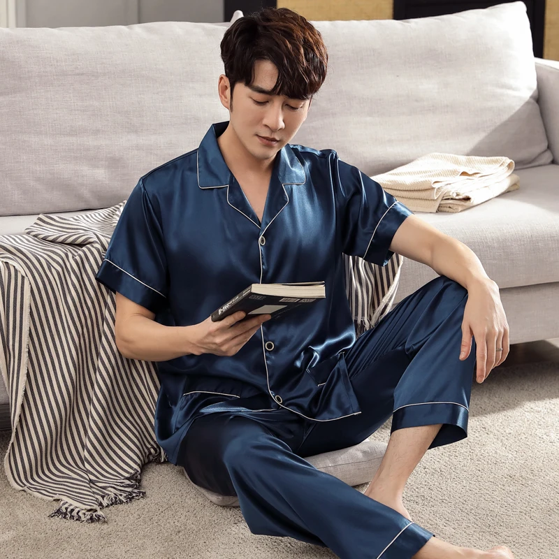 

Summer Silk Men Sleepwear Short Shirts+Long Pants Two Pieces Set Mens Pajamas Casual Soft Loose Plus Size 3XL Male Homewear