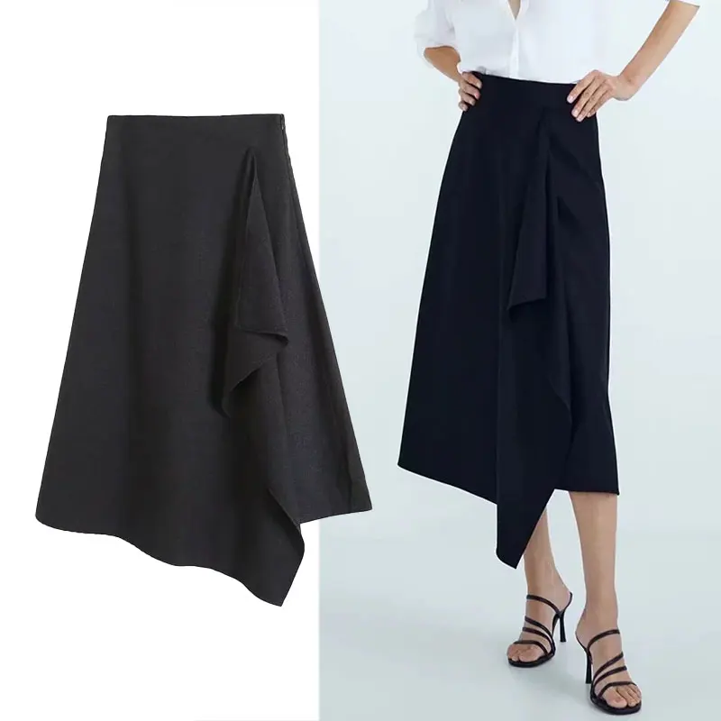 

Za 2021 Fashion Autumn Skirt Woman High Waist Long Skirt Women Vintage Midi Autumn Skirts Casual Simple Hem Irregular Skirts