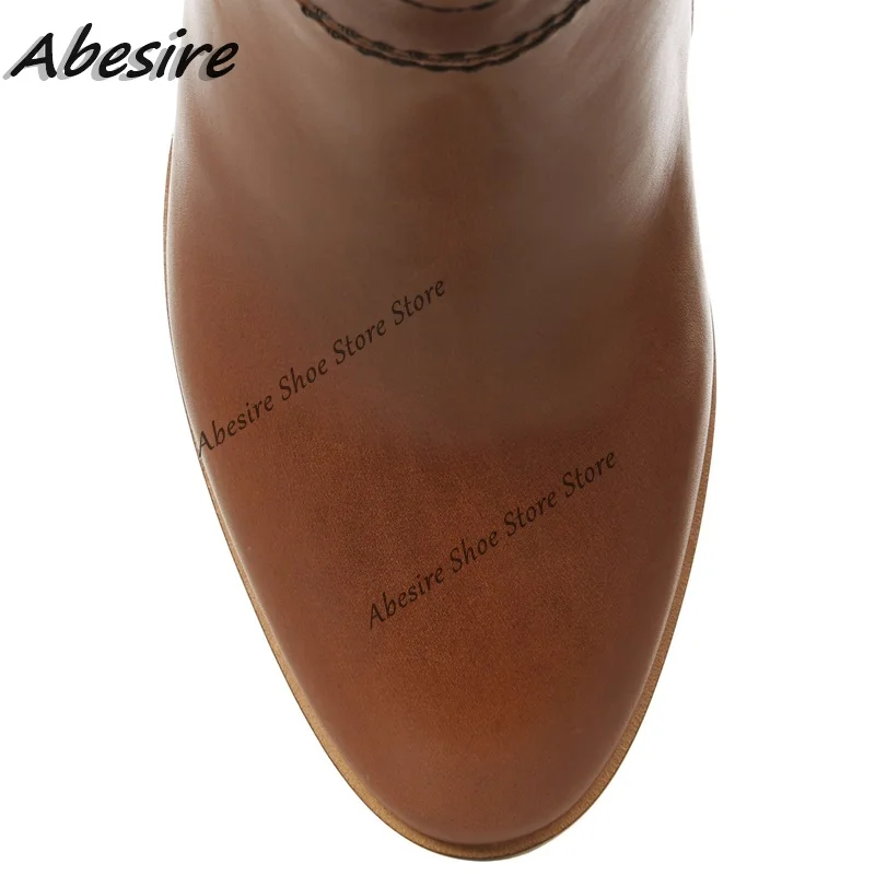 Abesire Long Boots Brown Slip On Wooden High Heel Round Toe Thigh High Boots Women Boots Solid New Autumn Winter Big Size Shoes