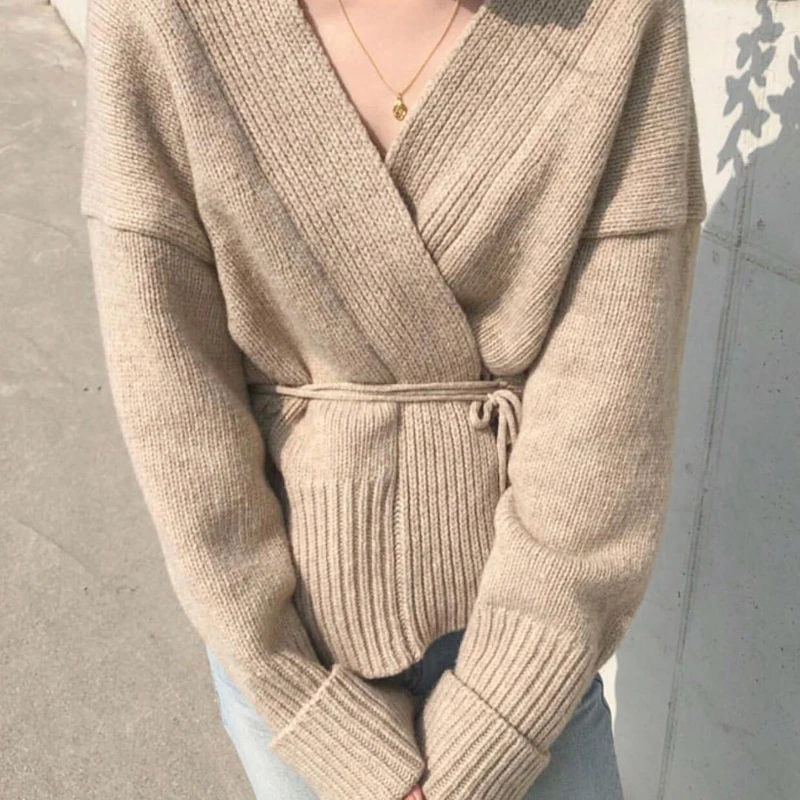 Модный ремень свитер женский v-образный вырез длинный рукав кардиганы свободная