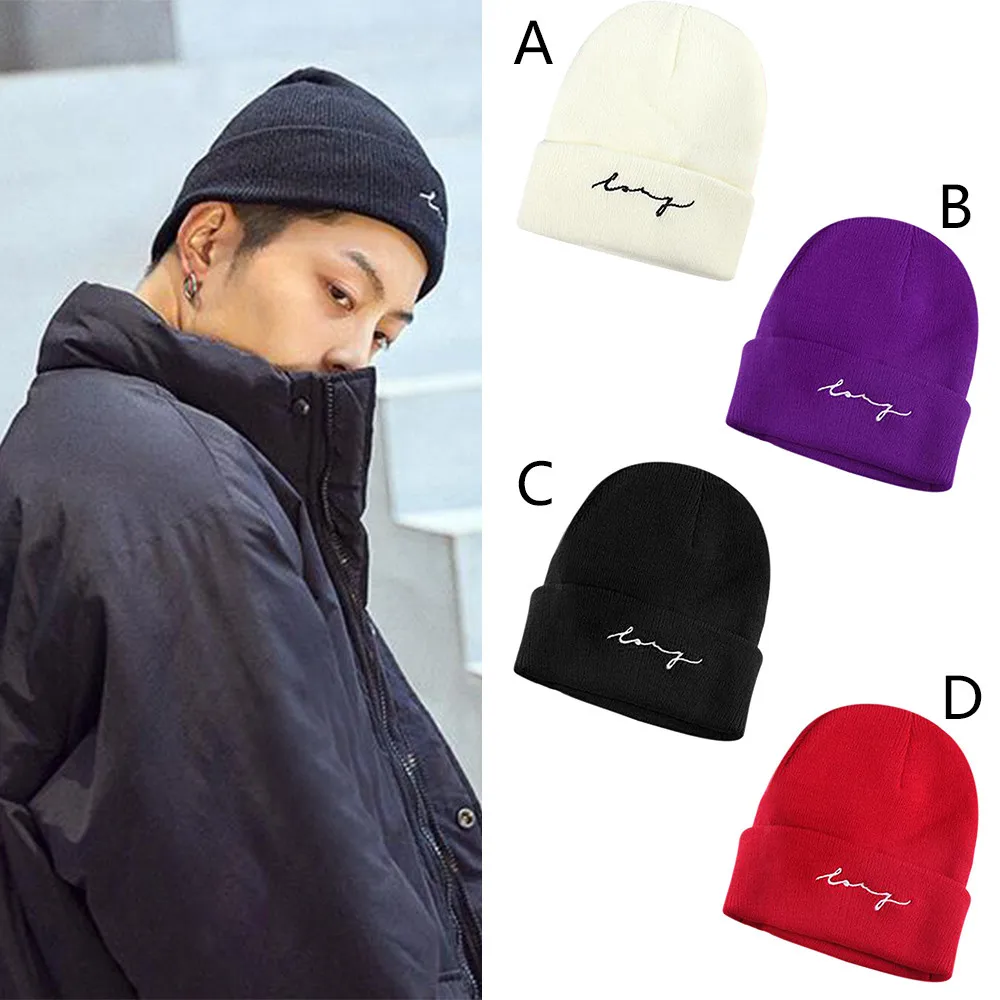 Зимняя шапка с вышивкой для мужчин и женщин одноцветная вязанная Милая унисекс