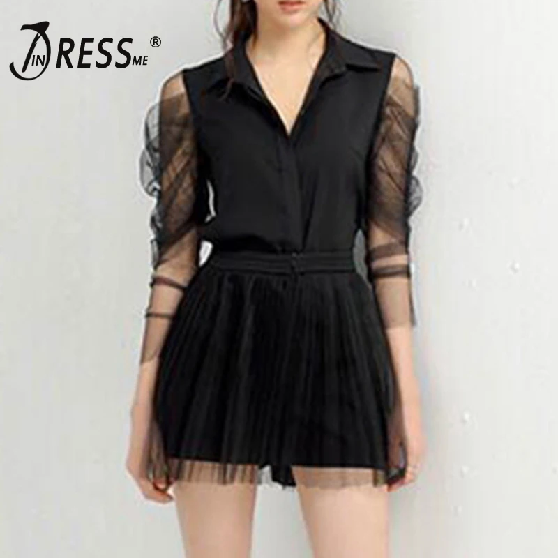 

INDRESSME 2020 New Women Two-Piece Sets Fashion Lapel Cold Shoulder Mesh Sleeve Shirt Mesh Shorts Office Lady Casual Daily Wear