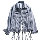 Женская джинсовая куртка с открытой спиной, красная свободная повседневная куртка из джинсовой ткани с ажурной сеткой и бахромой, 013, весна-лето 2020