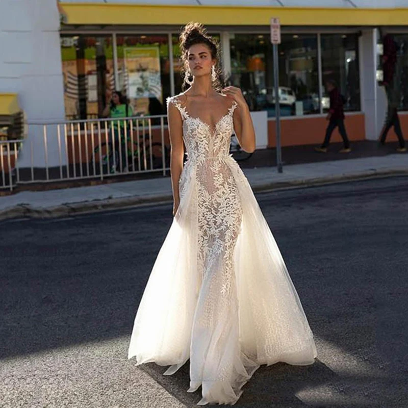 Купи Mermaid Wedding Dress With Detachable Tail Sexy Backless V Neck Lace Applique Boho Bridal Dress Ivory Wedding Gowns plus size за 6,349 рублей в магазине AliExpress