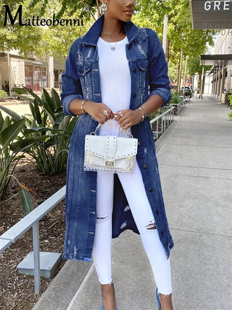 Куртка женская джинсовая рваная Повседневная Длинная Верхняя одежда из денима