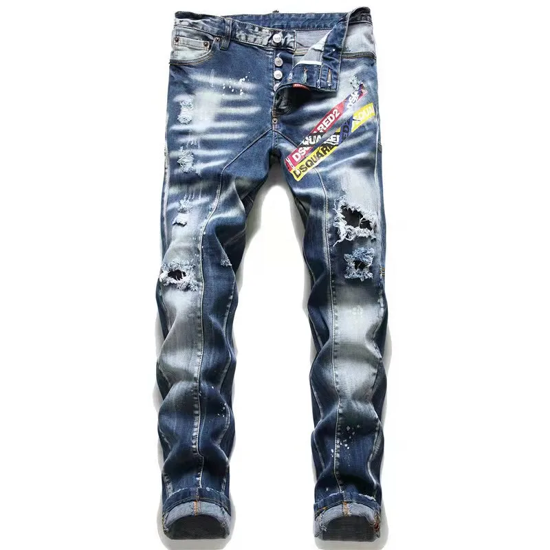 

2021 Fashion Tide Brand Dsquared2 Men's Ripped Patches Paint Dots Stretch Skinny Jeans Color Matching Jeans #1078