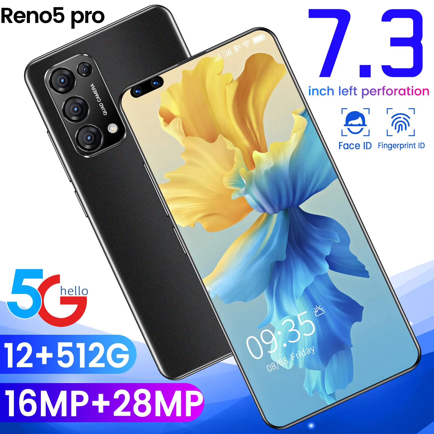 

New Arrival Reno5 Pro 7.3 Inch HD Big Screen 512GB Smart Phone 48MP Rear Camera Dual SIM 2021 Face Fingerprint ID Android Phone