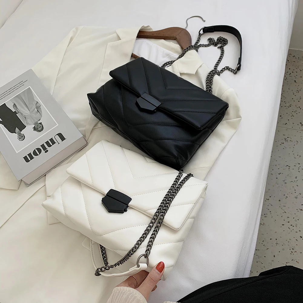 

Fashion Lattice Pattern Messenger Trunk Lady Shoulder Handbag Leather Chain Tote Popular Simple Female Daily Bag