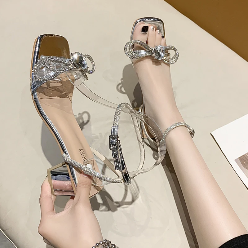 

Rhinestone Sandals Women's Summer 2021 New Bow with Thick Heel Online Celebrity Fairy Wind High Heels