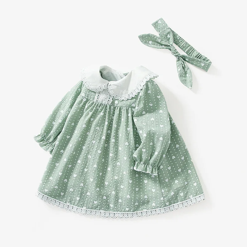 

Baby Girl Dress Spring Green Princess Skirt Lovely Sweet Cotton Clothes Fall Long Sleeve Lace Peter Pan Collar Outfits 0-3Y Girl