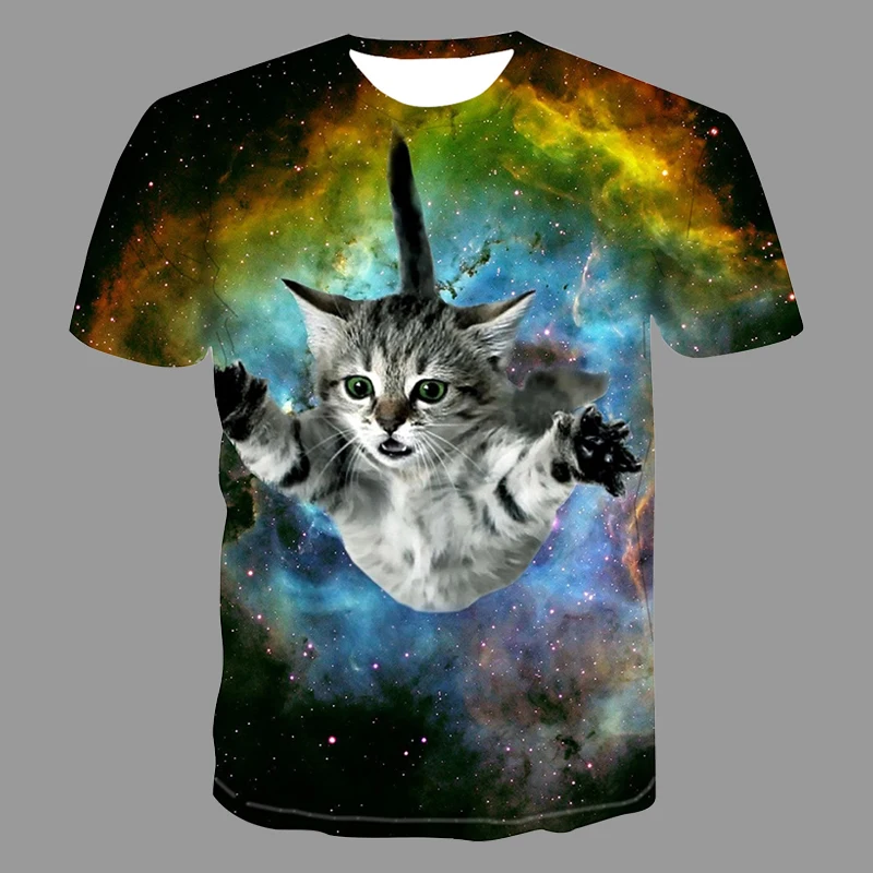 

Футболка мужская с 3D-принтом звездного кота, Повседневная рубашка с коротким рукавом, с круглым вырезом, в стиле хип-хоп, яркая модель, лето ...