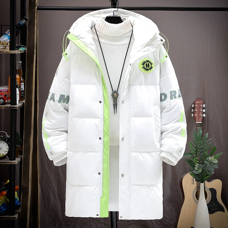 Casual Mid-Length Winter Thick Warm Cotton-Padded Jackets Solid Outwear Parkas Youth Tops Long Hooded Bright Coats New Clothing