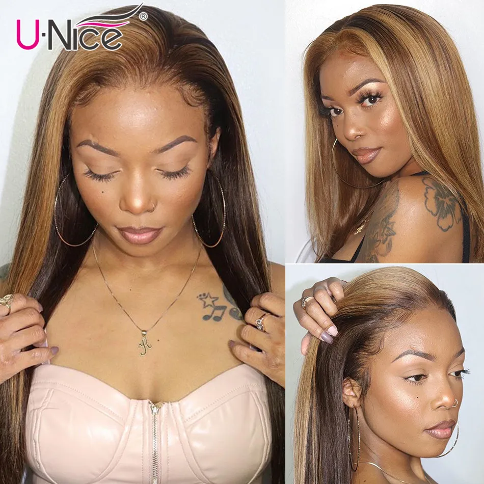 

UNice Highlight Glueless человеческие волосы парики медовый блонд предварительно выщипанные три части кружева часть парик прямые человеческие волосы...