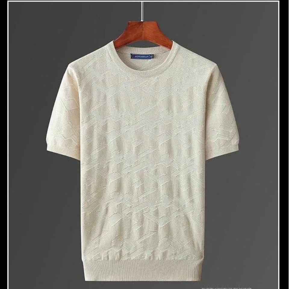 

2022 Autumn Men's Fashion Short Sleeve T-shirts Male Solid Color Casual Sweater Tops Men Loose Large Size Knitted Tees W925