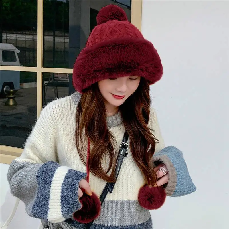 

Fashion Women's Faux Fur Knitted Bobble Beanie Hat Pom Pom Ball Skiing Cap Furry